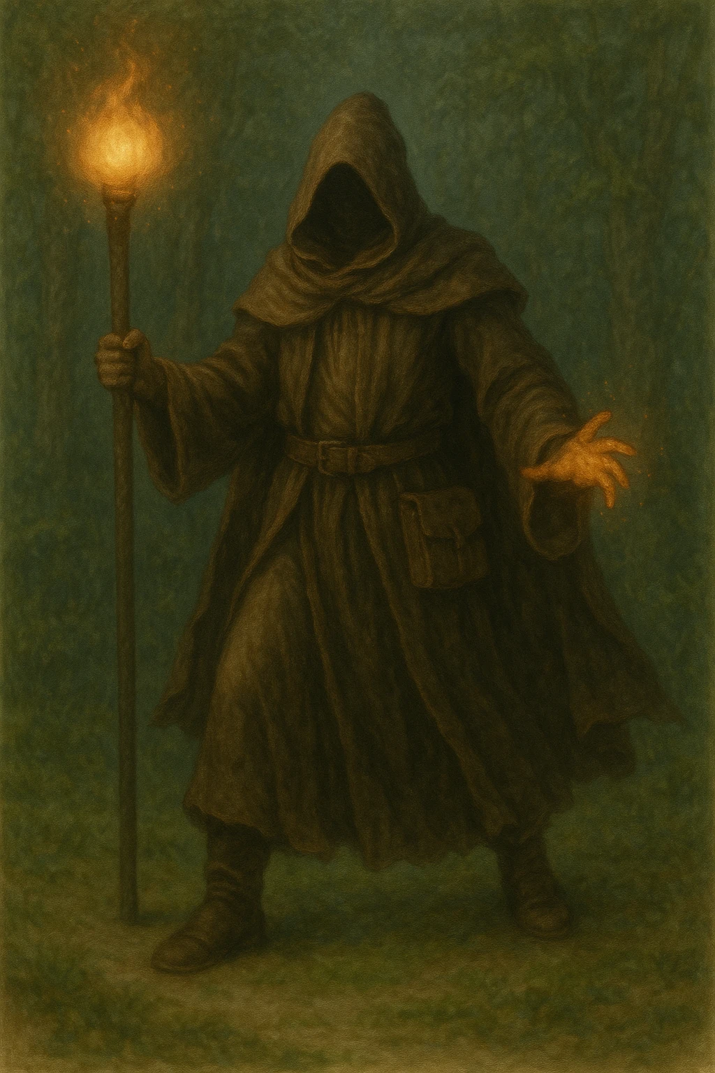 Hooded mage holding a flaming staff