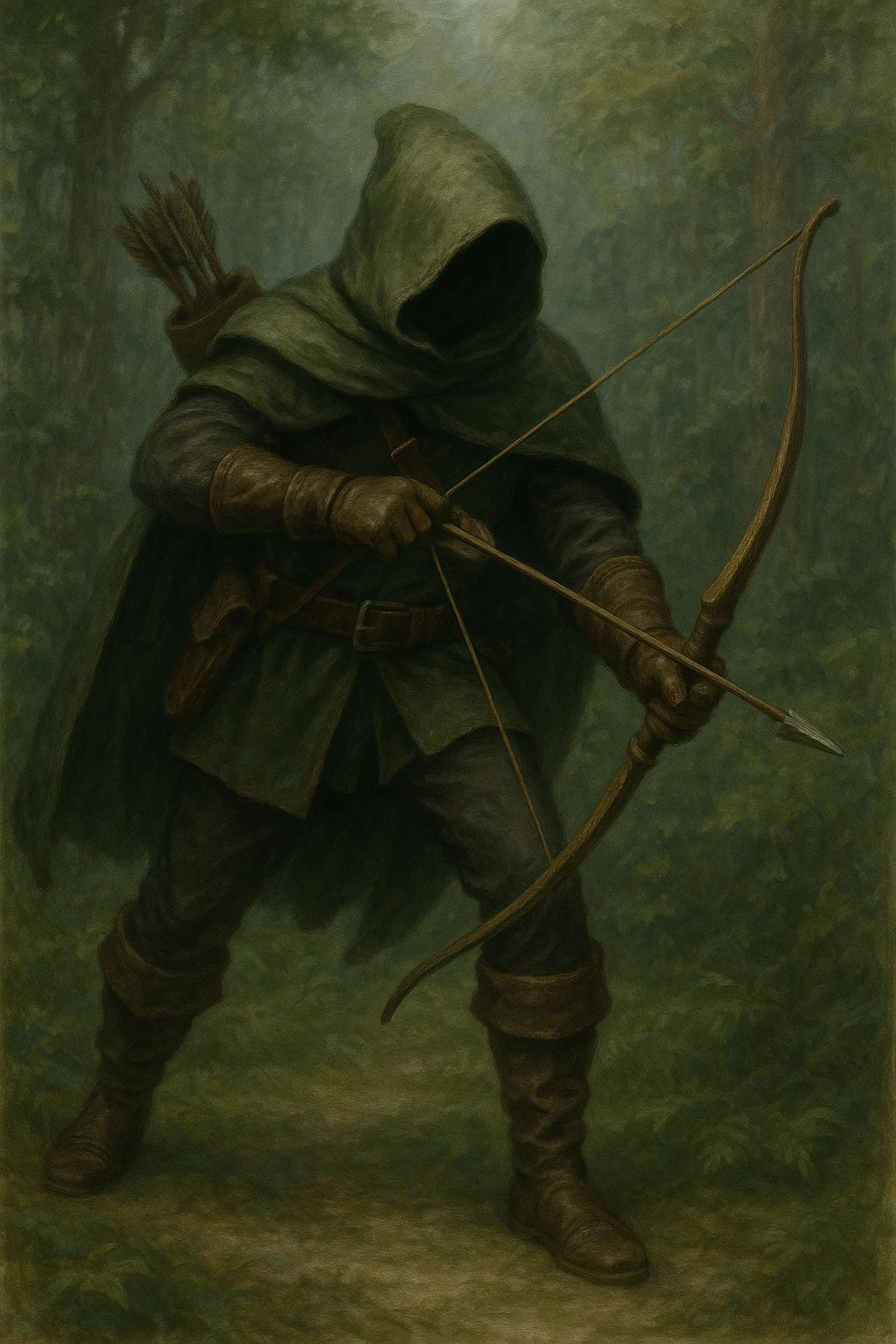 Hooded ranger drawing a longbow in a forest