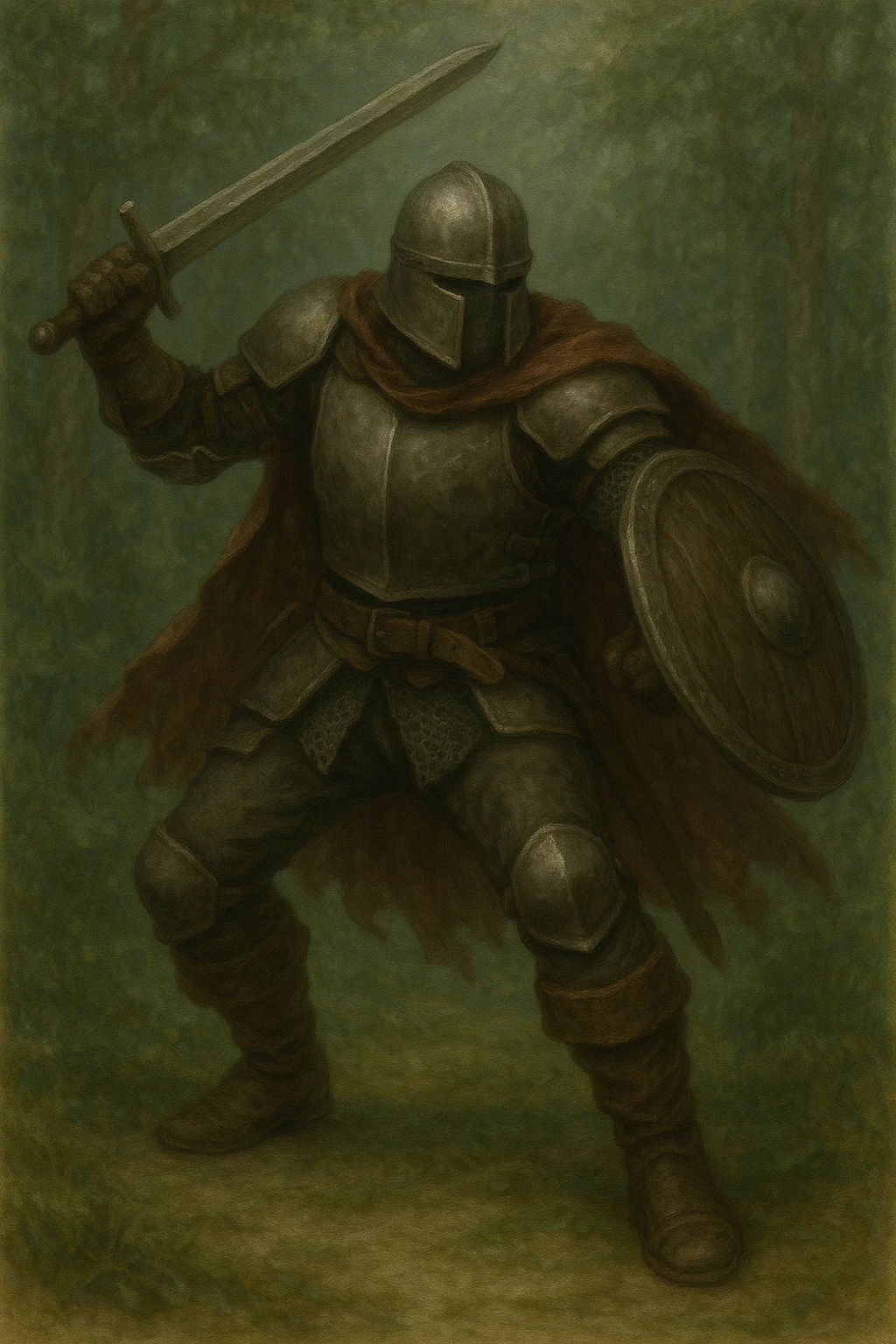 Armored warrior raising a sword and round shield in a forest