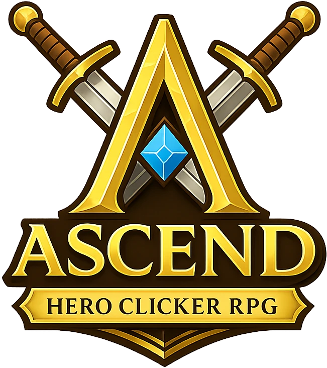 Ascend: Hero Clicker RPG logo with crossed swords and a blue gem